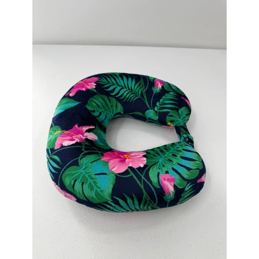 Tropical Floral Travel Neck Pillow Hibiscus Palm Leaf Navy Blue Snap Support OS